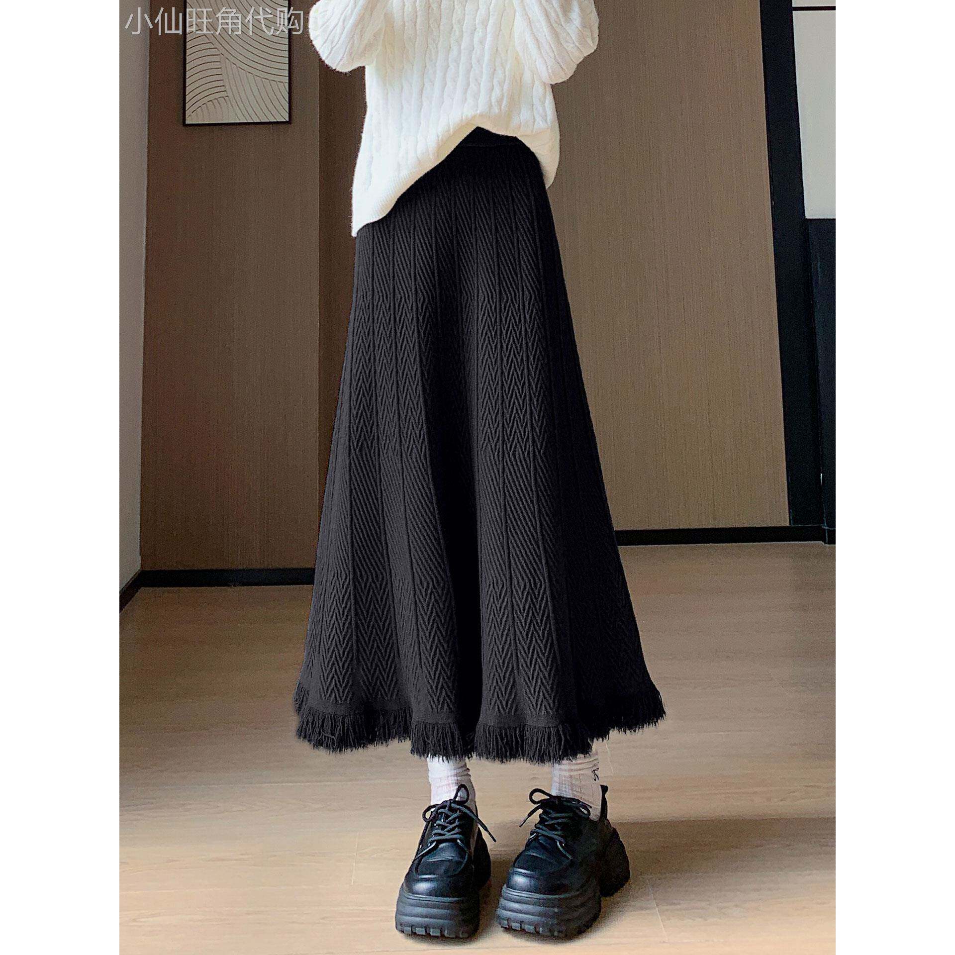 针织半身裙女长款秋冬加厚2025新款高腰a字垂感宽松显瘦流苏裙子