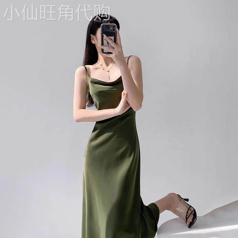 潮牌淑女缎面连衣裙女醋酸荡领高级感性感吊带连衣裙西装内搭长裙