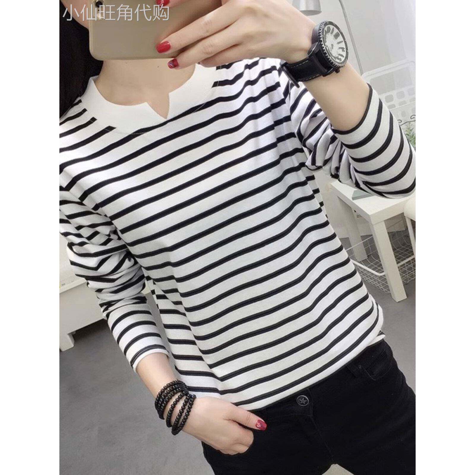 egmg纯棉条纹长袖t恤女春秋2025新款宽松大码显瘦内搭打底衫上衣