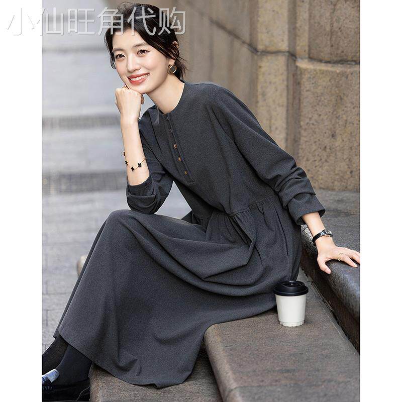 德玛纳都市休闲圆领洋装女26春季新款半门襟抽皱收腰中长版伞裙