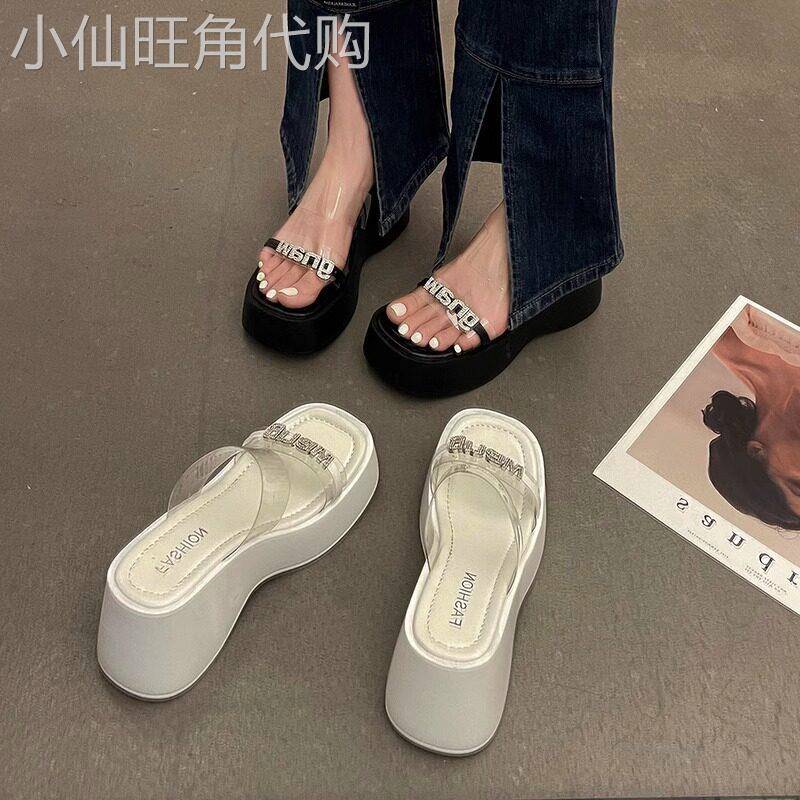 厚底透明一字拖鞋女夏外穿2026新款小众欧美风网红高跟水钻凉拖鞋