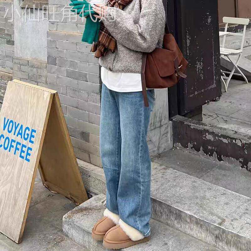 浅蓝色高腰阔腿牛仔裤女2025新款冬季加绒加厚小个子宽松直筒裤