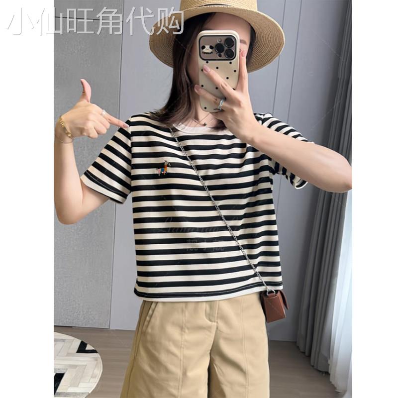 条纹正肩短袖t恤女夏季2026新款韩版时尚休闲宽松显瘦圆领短上衣