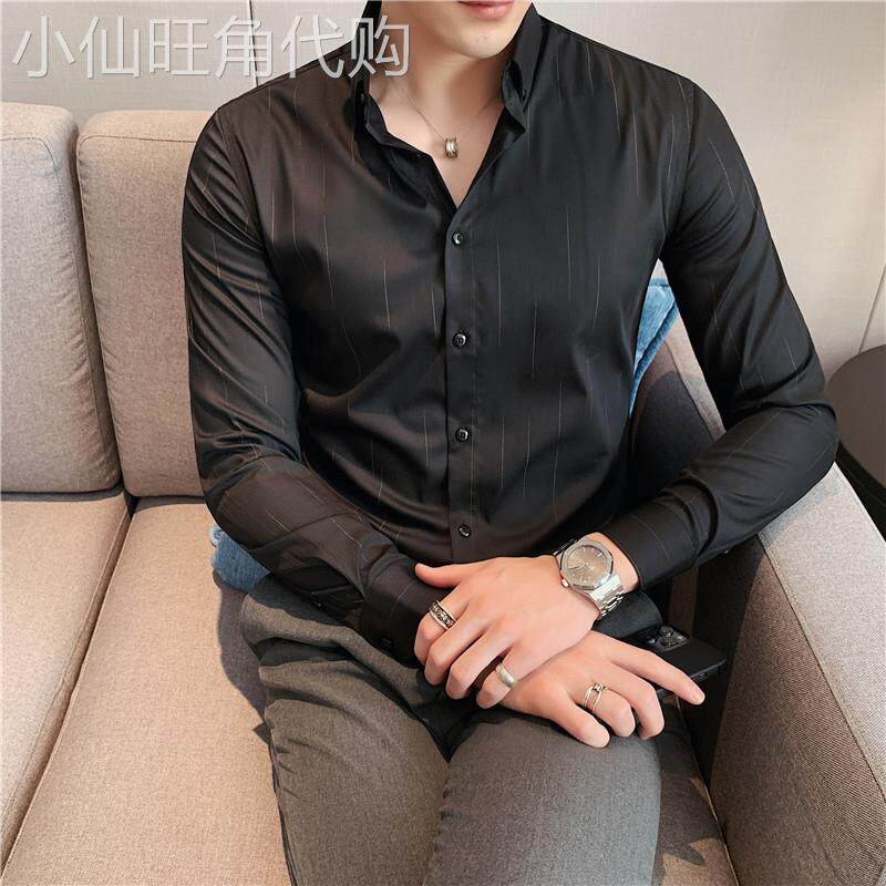 LL男装暗条纹衬衫男长袖秋季2025新款韩版潮流帅气修身英伦风衬衫