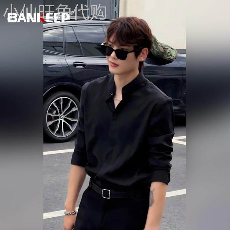 潮牌雅痞风黑色衬衫男士长袖2025新款春秋季痞帅立领短袖衬衣男款图片