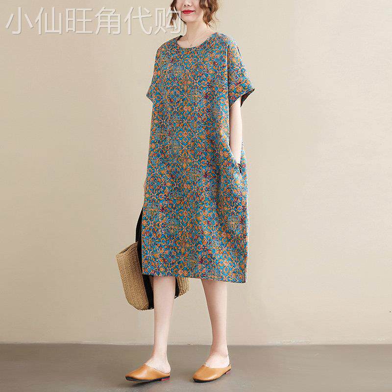 休闲短袖连衣裙女春夏装新款宽松大码胖mm显瘦女士百搭A字碎花裙