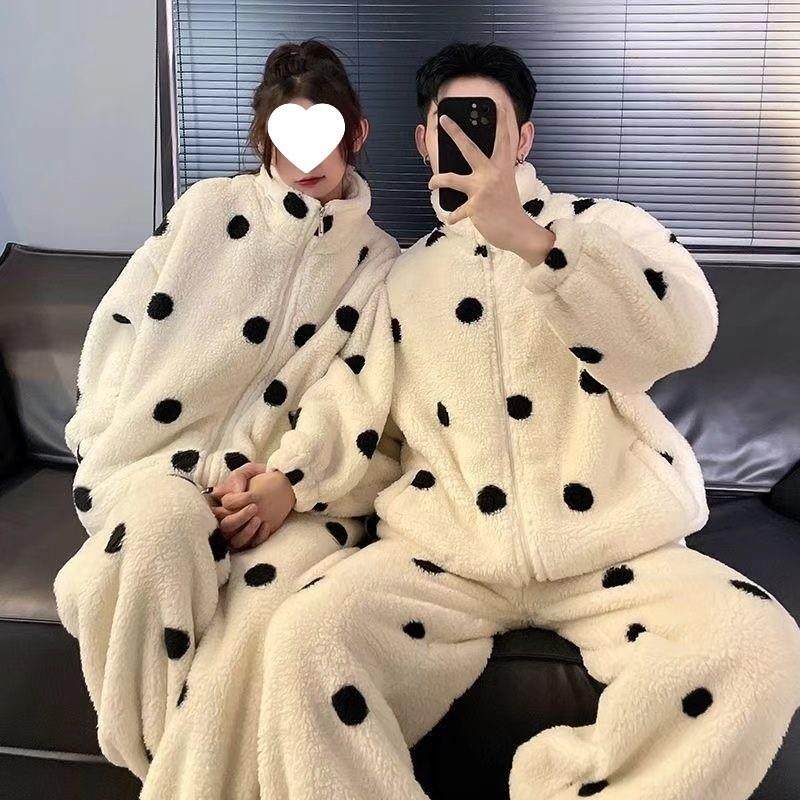 情侣睡衣女款秋冬季珊瑚绒加绒加厚可外穿冬天男士拉链家居服套装