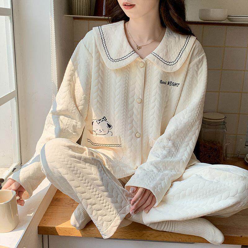 纯棉秋冬款娃娃领可爱卡通韩版可外穿睡衣女套装