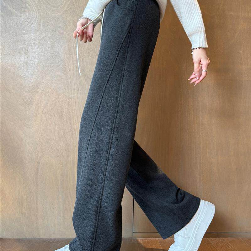 醋酸羊毛阔腿裤女秋冬季加绒窄版直筒小个子人字纹毛呢弯刀卫裤子