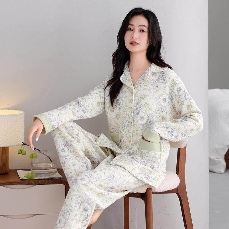 空气棉睡衣女士秋冬加厚纯棉长袖女款薄夹棉高级感夹层家居服套装