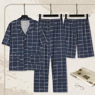 三件套睡衣男夏短袖短裤套装100%纯棉加大薄款家居服宽松青年