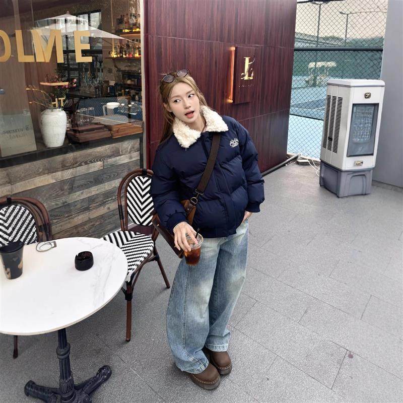 美式复古气质羊羔毛拼接毛领短款棉衣外套冬季保暖加厚不臃肿棉服
