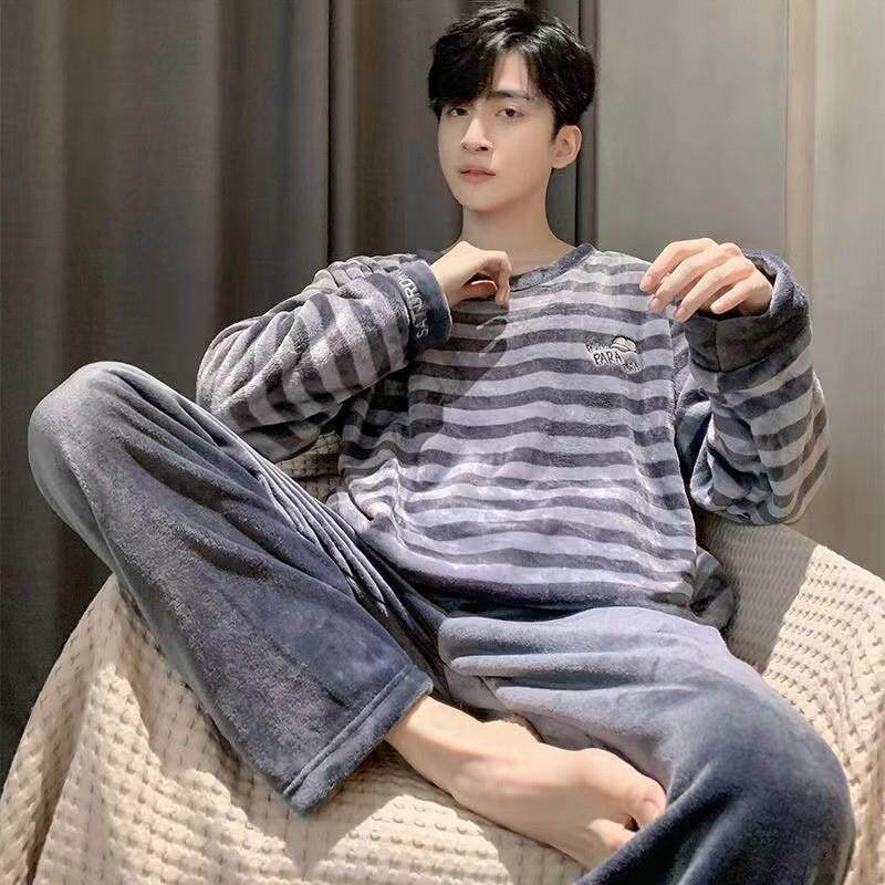 秋冬季法兰绒睡衣男生韩版薄款加绒长袖卡通男士珊瑚绒家居服套装