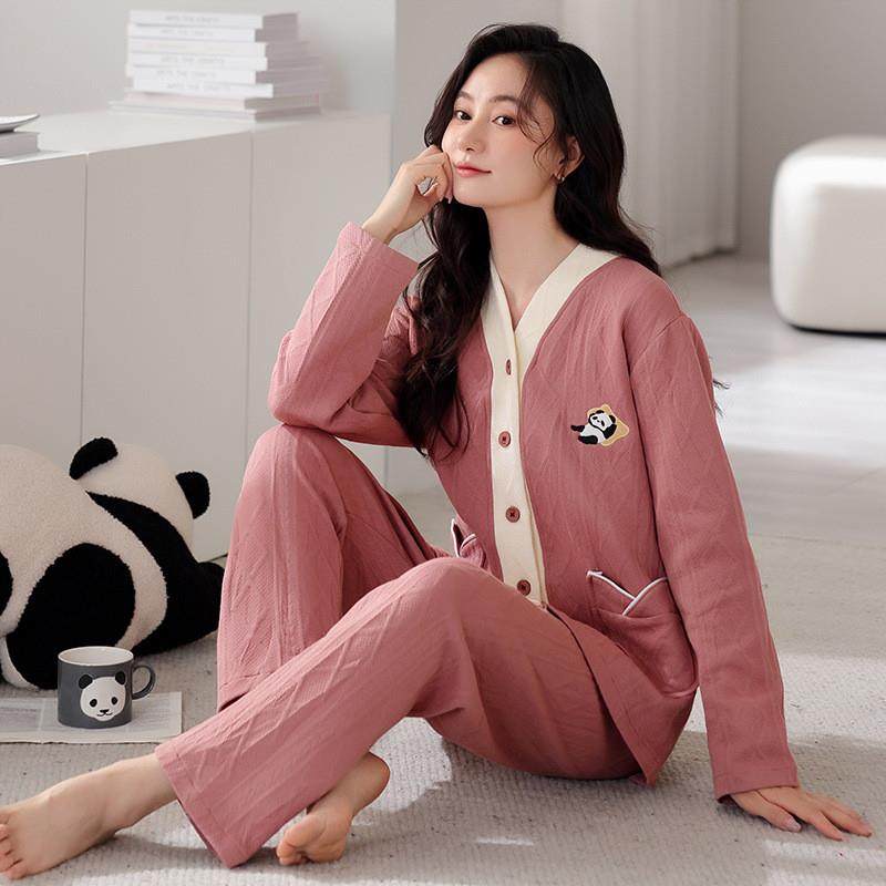 睡衣女秋冬款2025新款纯棉夹层空气棉女士春秋萌熊家居服冬季套装