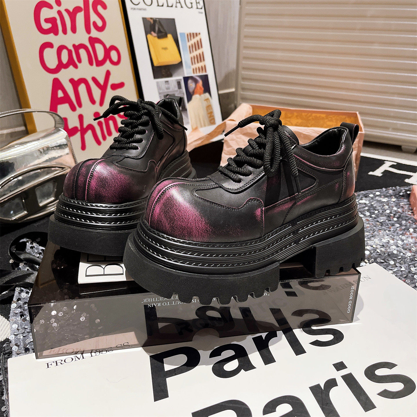 复古风大头擦色系带JK小皮鞋单鞋