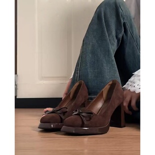 复古法式蝴蝶结高跟鞋浅口单鞋女2026春夏防水台气质粗跟玛丽珍鞋