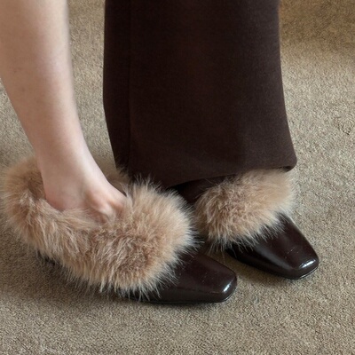 方头粗跟单鞋一脚蹬毛毛鞋小皮鞋