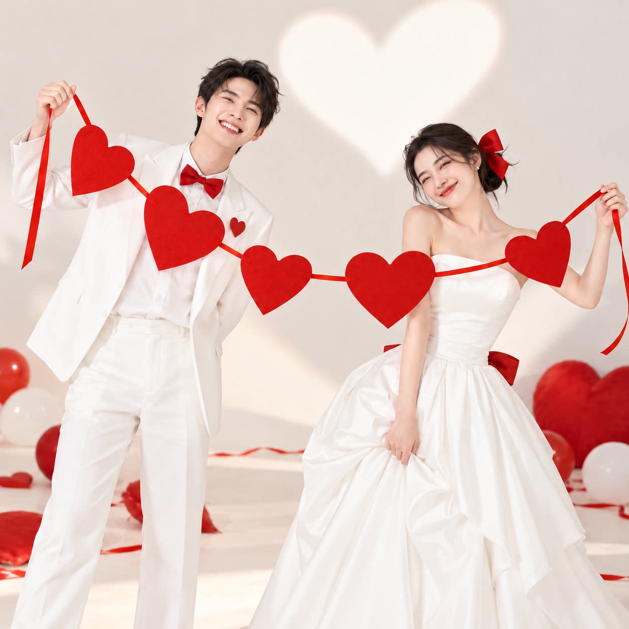 红色爱心串礼服搭配心形拉绳领证登记婚礼手持创意情侣拍照道具