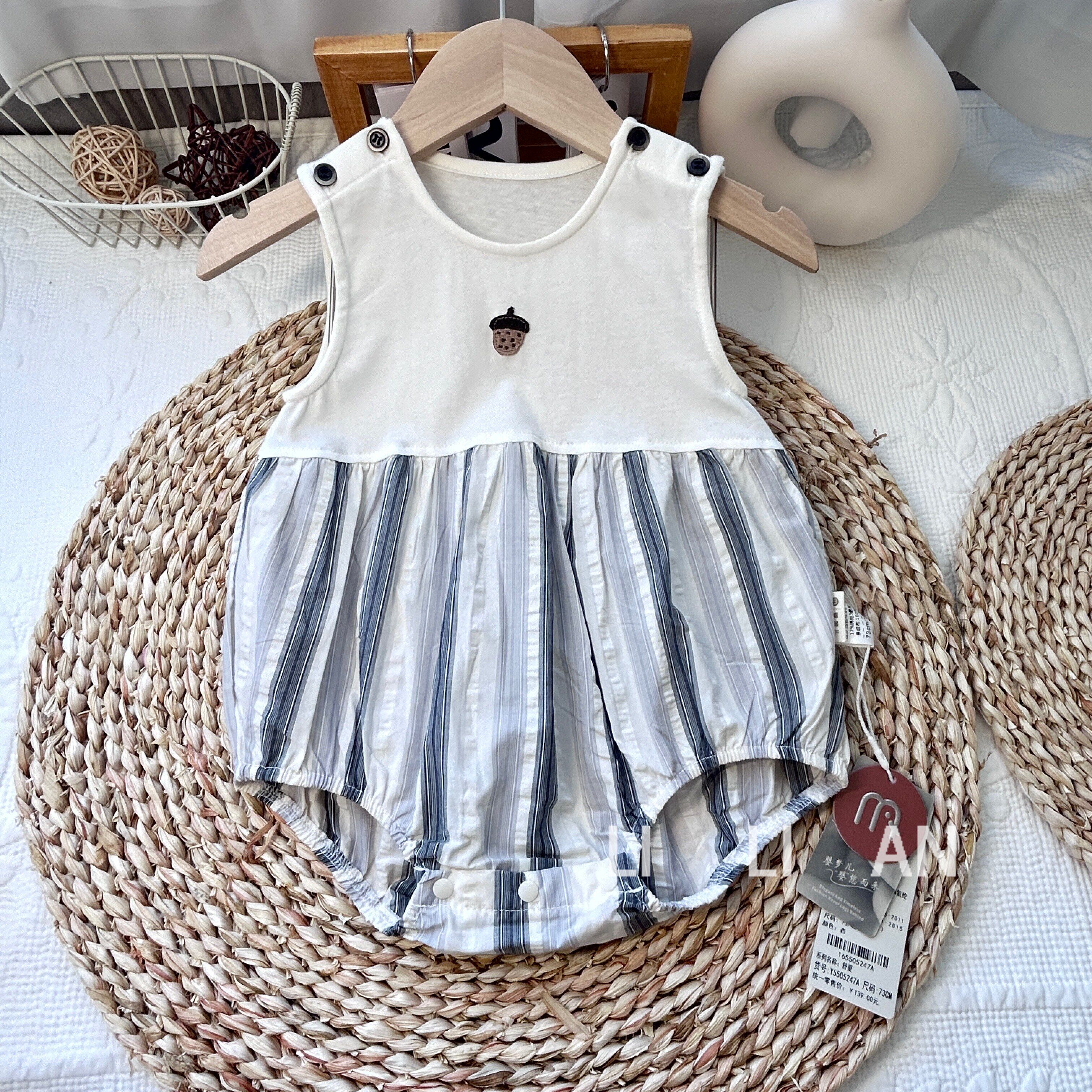 婴梦儿-舒夏-假两件连体衣2025夏短袖条纹哈衣宝宝纯棉爬服男女童
