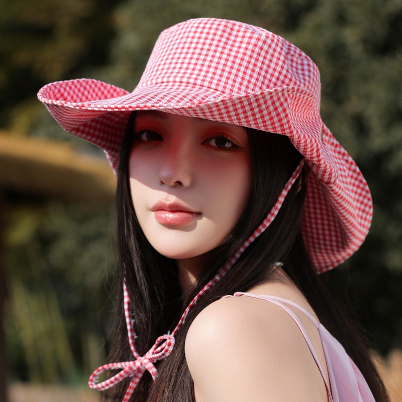 日本品质博主同款格子系带渔夫帽女夏季出游大帽檐防晒帽显脸小爆