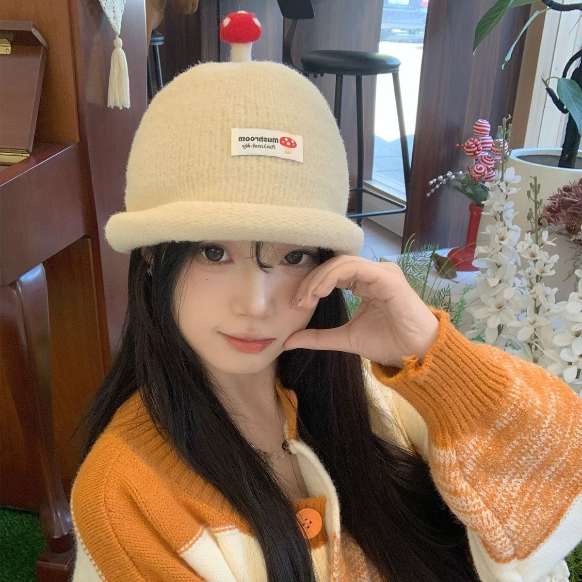 日本品质2025新款日系甜美蘑菇圆顶卷边针织毛线帽子女秋冬保暖百