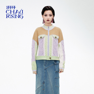 棒针绞花拼色羊毛针织短夹克外套女 新款 洲升 CHAU.RISING冬季