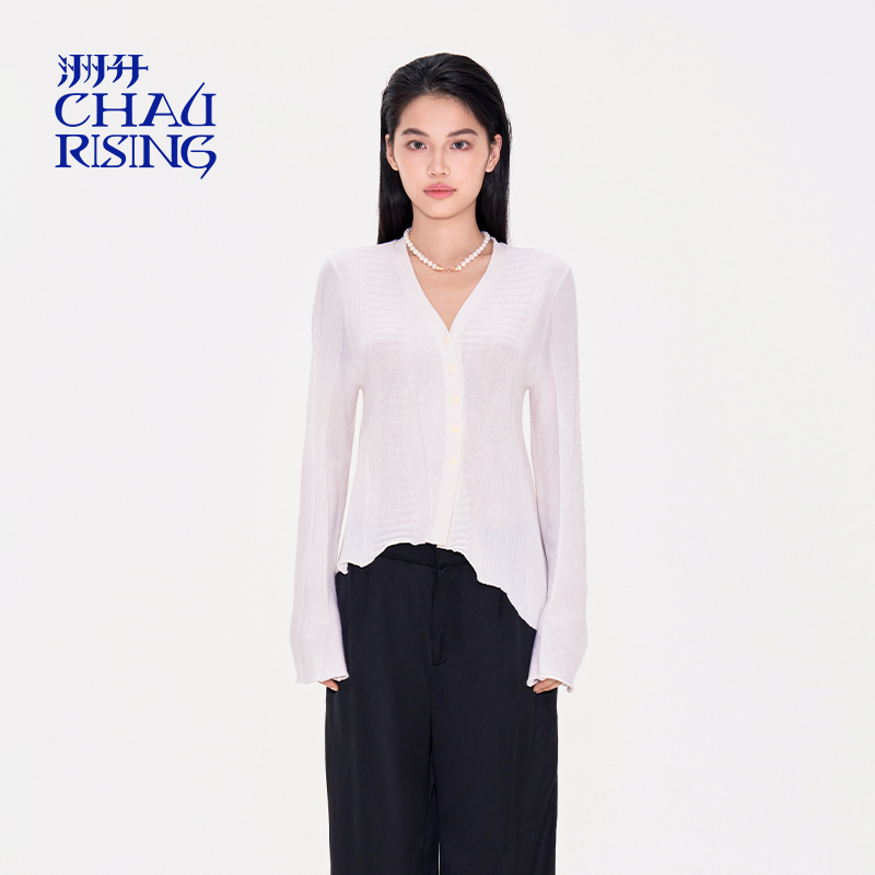 洲升/CHAU.RISING2025春季新款白色不规则开襟羊毛长袖针织衫女