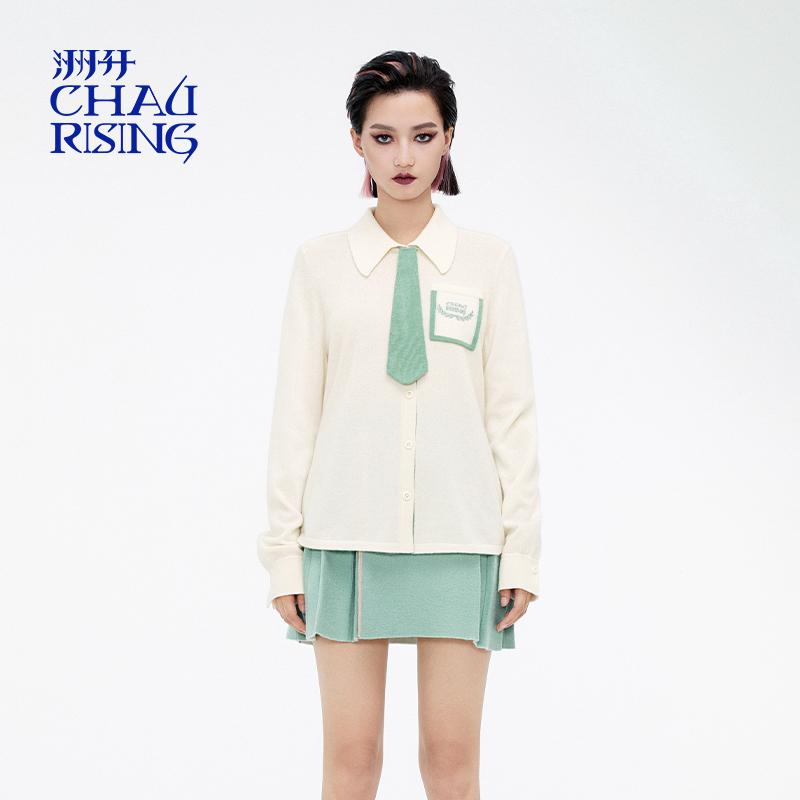 洲升/CHAU.RISING冬季新款领带羊绒polo领撞色开衫上衣