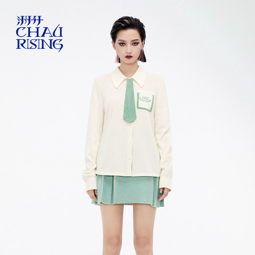 洲升/CHAU.RISING冬季新款领带羊绒polo领撞色开衫上衣