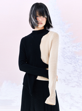 洲升/CHAU.RISING黑白拼接修身羊绒女打底衫毛衣秋冬新品设计师