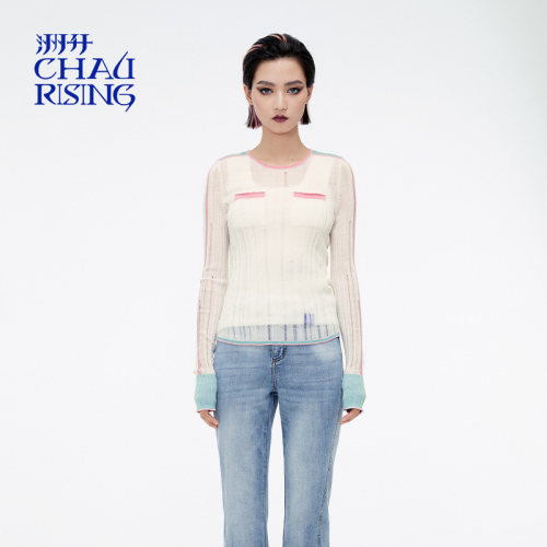 洲升/CHAU.RISING24秋季新款原创设计撞边超薄羊毛修身打底