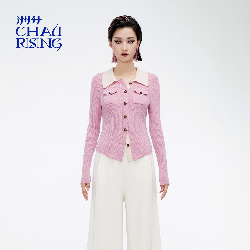 幻彩粉商务羊绒套头polo衫