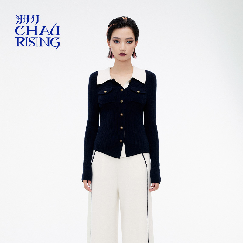 藏青色商务羊绒套头polo衫