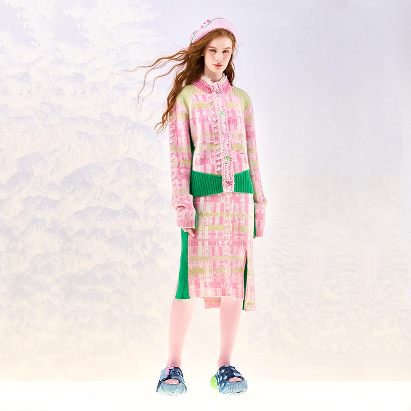 花呢纹样撞边羊绒半裙