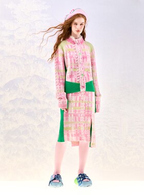 洲升/CHAU.RISING花呢纹样撞边羊绒半裙粉秋冬彩色半裙