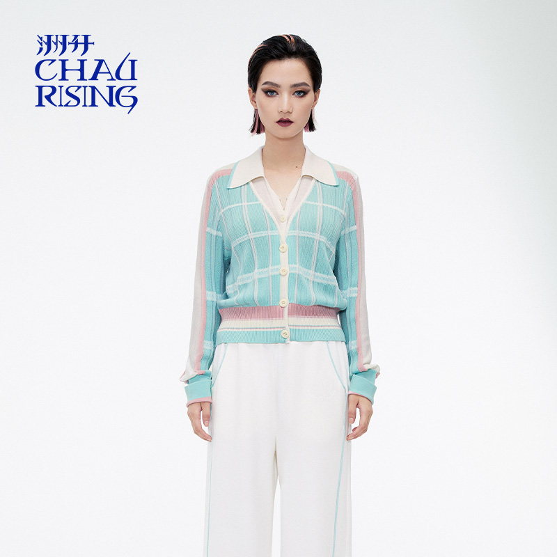 浅水蓝假两件格纹羊毛开衫上衣