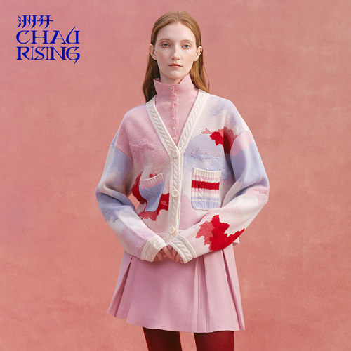 秋冬新款彩色羊毛开衫多巴胺外套