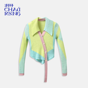 设计师 毛衣春秋新品 chau.rising洲升别致修身 女v领上衣羊毛针织衫