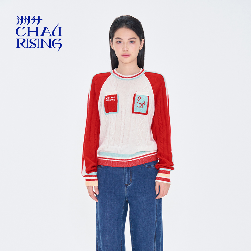 新年纹样绣花羊绒衫上衣女