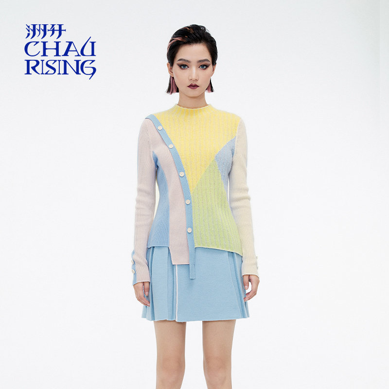 洲升/CHAU.RISING冬季新款拼色不规则纽扣羊绒打底针织上衣