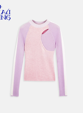洲升/CHAU.RISING粉紫修身羊绒针织女衫毛衣秋冬新款设计师