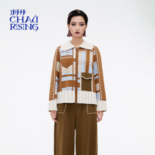 外套上衣女 洲升 CHAU.RISING冬季 新款 撞色格纹羊绒大羊绒开衫