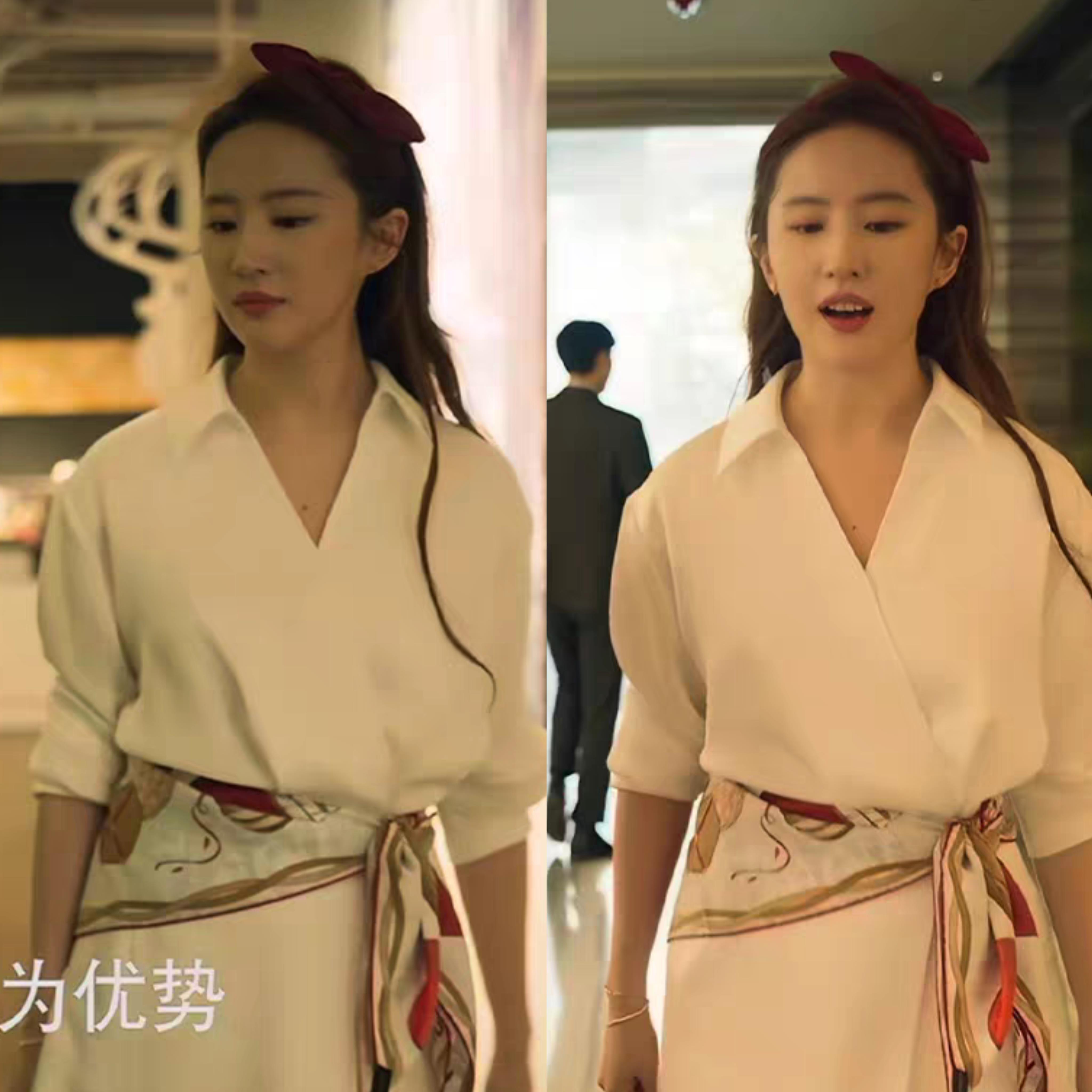 时尚玫瑰的故事刘亦菲黄亦玫同款白色衬衣女中长款收腰衬衫连衣裙
