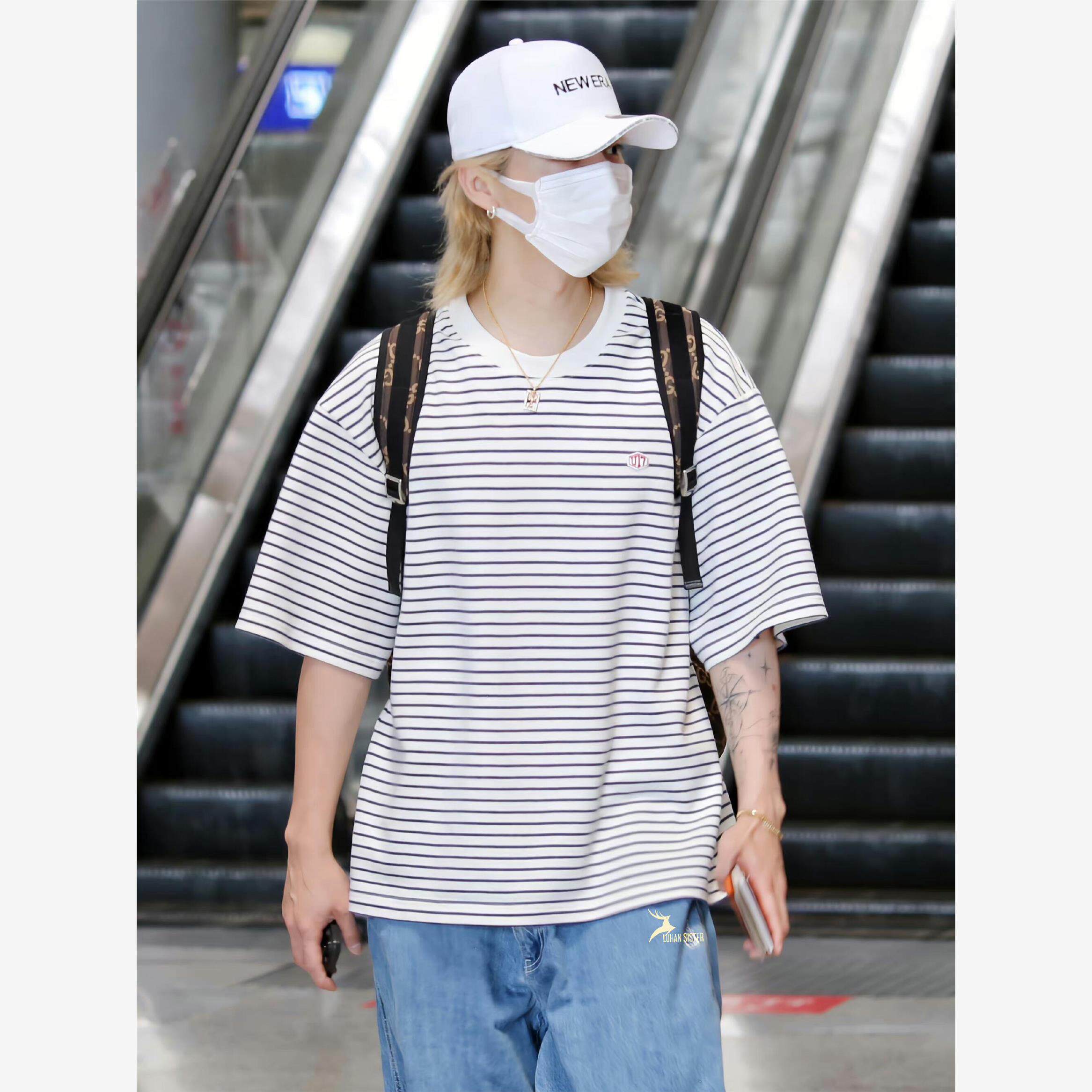 欧代鹿晗同款夏季条纹短袖日系纯棉男女宽松休闲圆领半袖