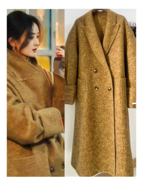 明星同款正肩直筒型鎏金黄色双排扣中长款双面羊绒大衣驼绒冬外套