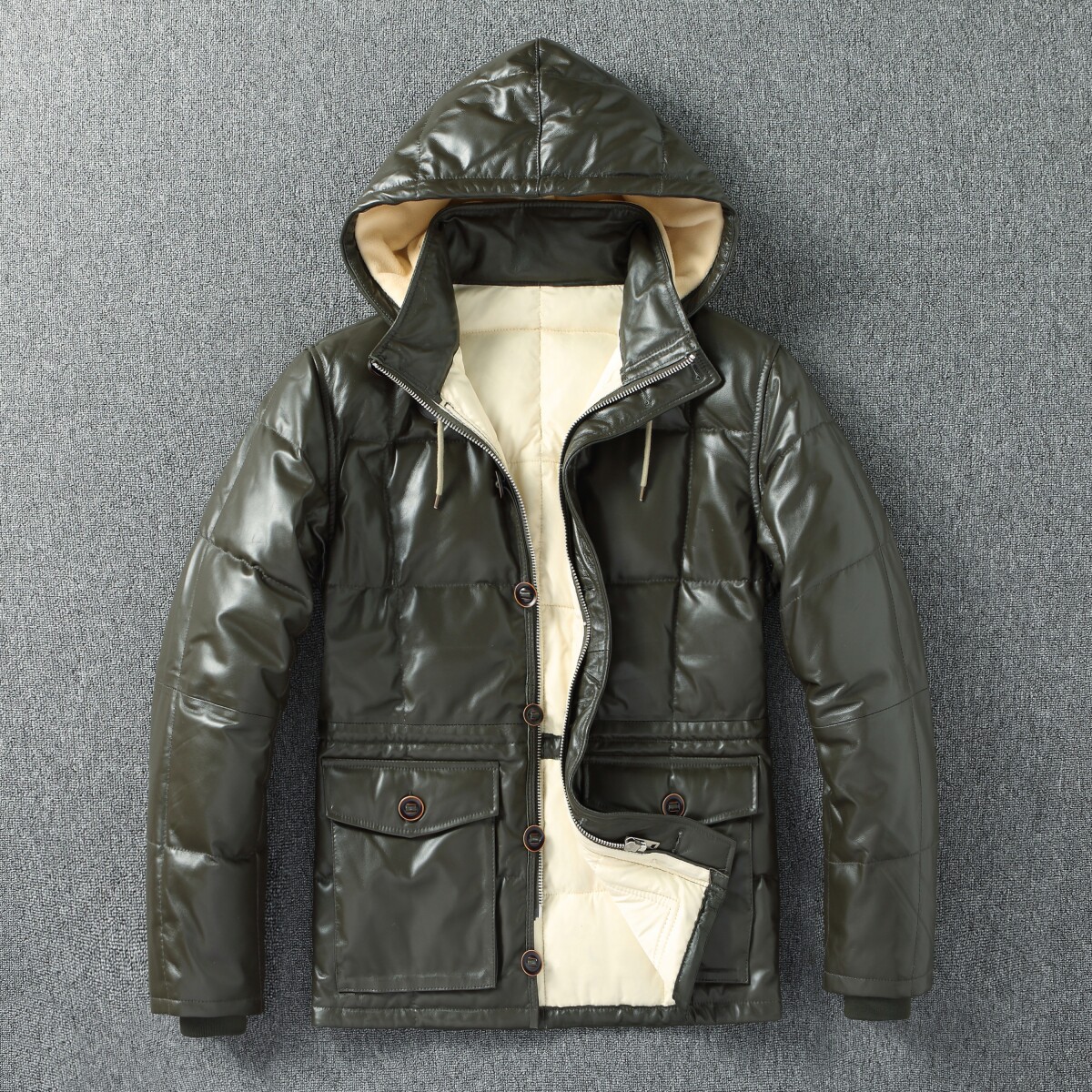 2025新款男士真皮羽绒服 冬季加厚保暖绵羊皮外套可拆卸帽探险家
