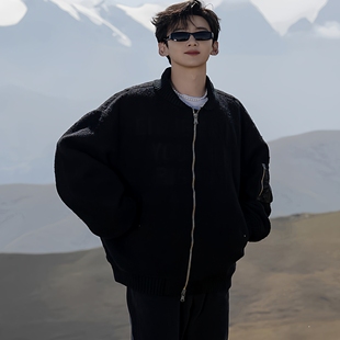 白敬亭同款 高街棒球服黑色百搭宽松保暖羊毛夹克男女潮 外套秋冬季