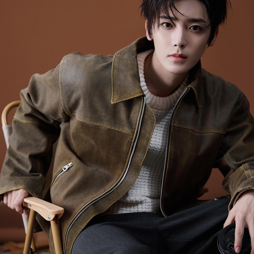 海购侯明昊明星同款棕色皮衣外套