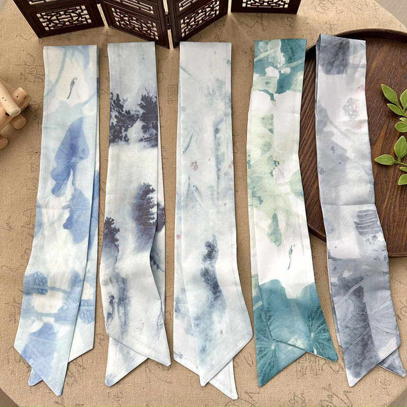 新中式丝巾水墨荷叶发带扎头发女复古绑头巾长条飘带韩版百搭领