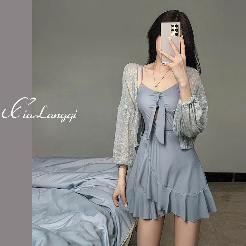 小清新连体游泳衣女保守遮肚显瘦裙式波点小胸聚拢性感温泉度假装